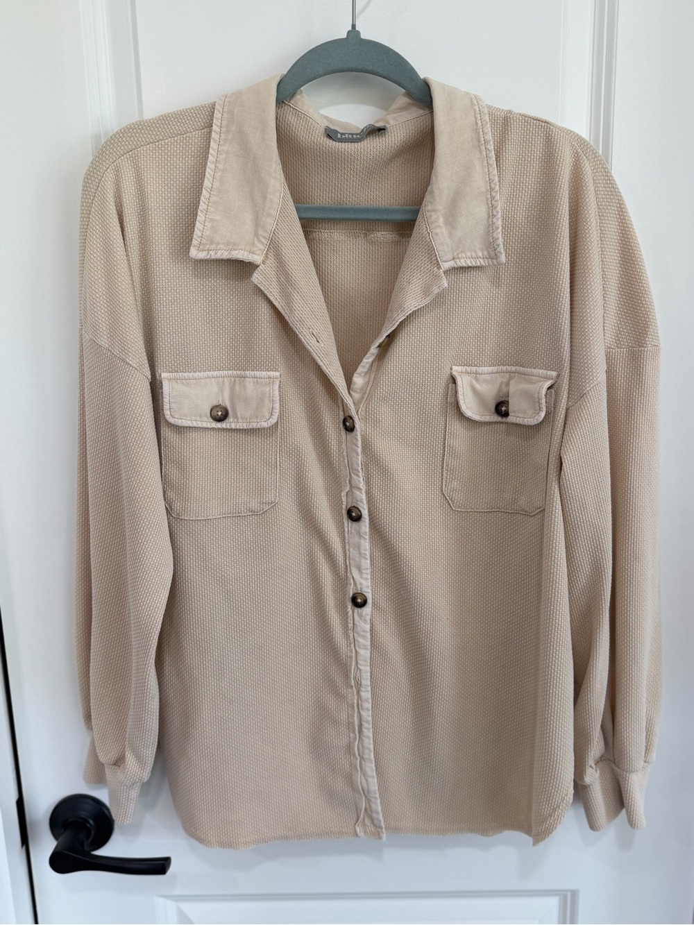 Women’s Beige Button-Up Shirt - Casual Long Sleeve/ Blueb. Collection